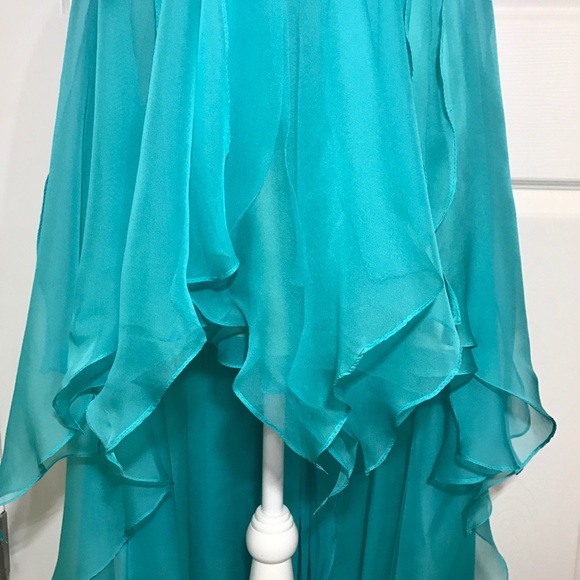 La Femme Aqua Blue Teal Prom Pageant Dress Chiffon Lace High Low Strapless Gown - Picture 4 of 8